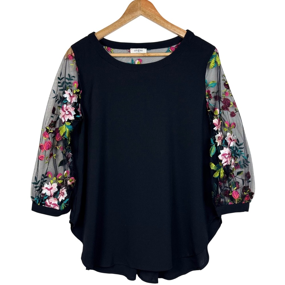 Umgee Floral Embroidered Mesh Sleeve Boho Tunic Blouse Womens Small Black Whimsy